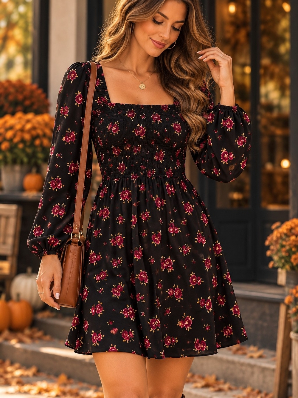 Old Navy Floral Smocked Square Neck Long Sleeve Mini Dress Medium